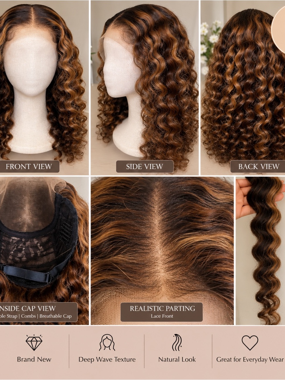 Honey Brown Deep Wave Lace Front Wig - Natural Look